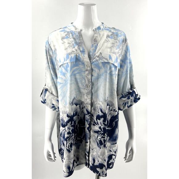 Calvin Klein Top Plus Size 1X Blue White Floral Button Up Roll Tab Sleeve Blouse - Picture 3 of 8